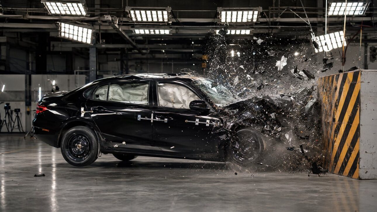 Car crashing against a barrier in a crash test laboratory