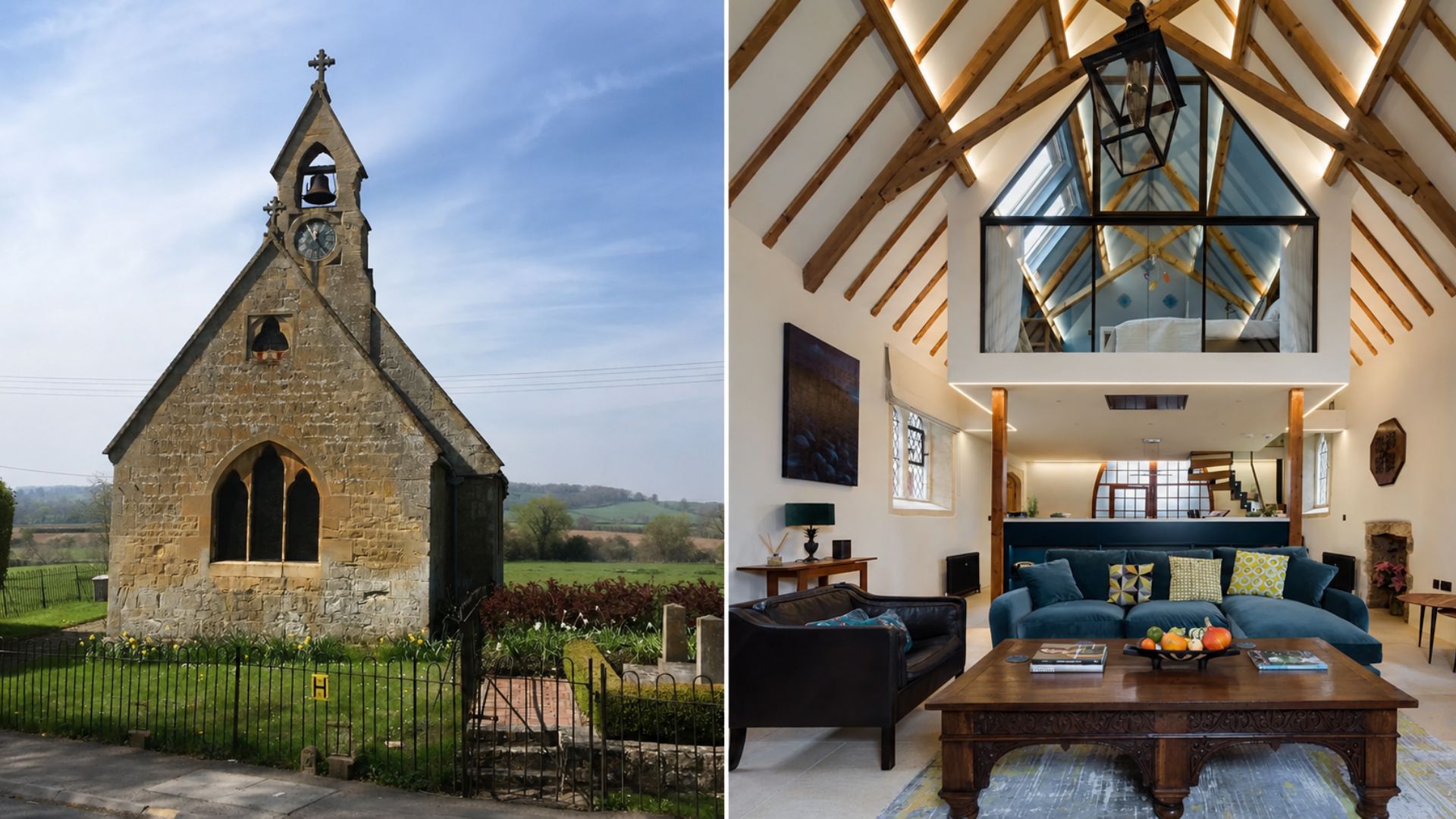 Casal britânico transforma antiga igreja vitoriana de 1866 em casa de temporada com cápsula suspensa, portas góticas restauradas e nave preservada nos Cotswolds
