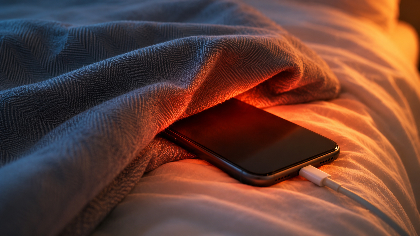 Celular conectado ao carregador sobre a cama e parcialmente coberto por um cobertor.