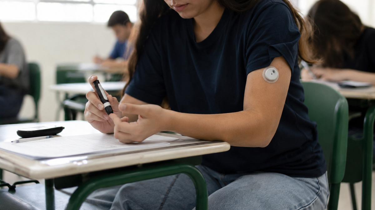 Estudante com diabetes tipo 1 mede a glicemia em sala de aula utilizando um sensor e um medidor, situação contemplada pela Lei nº 15.439/2026, que garante adaptações razoáveis em ambientes de ensino.