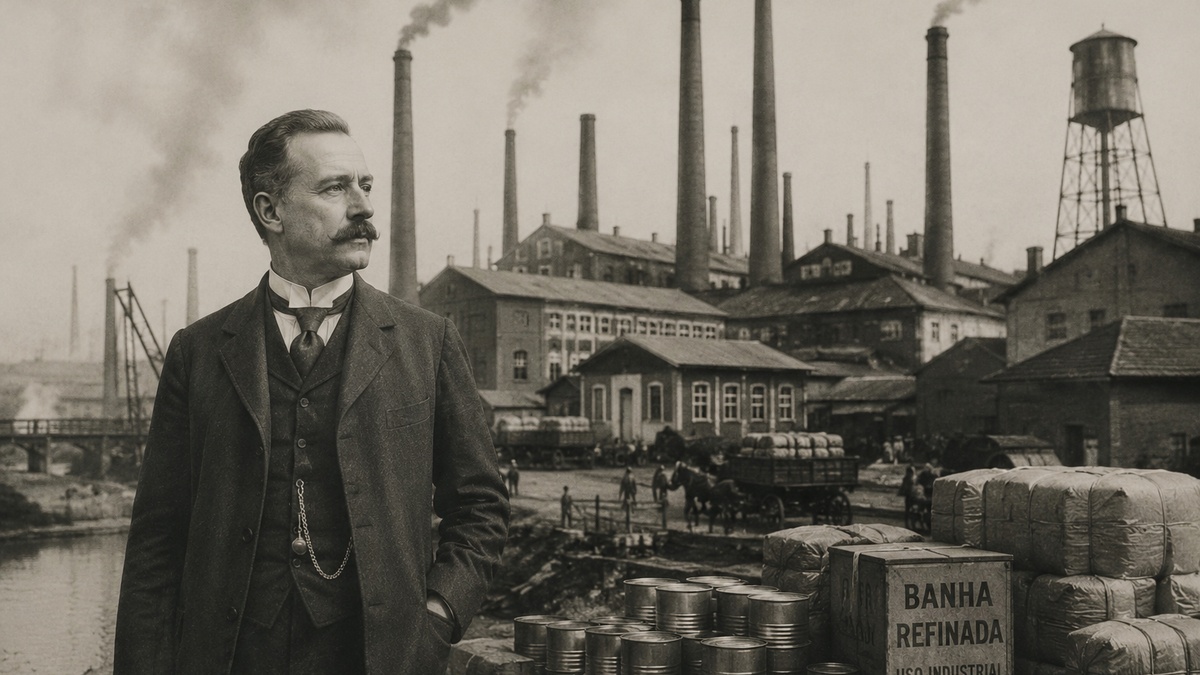 Complexo industrial do início do século XX com fábricas, chaminés, trabalhadores, vagões de carga e um industrial observando a expansão da produção, representando a trajetória que deu origem a um dos maiores impérios industriais do Brasil.