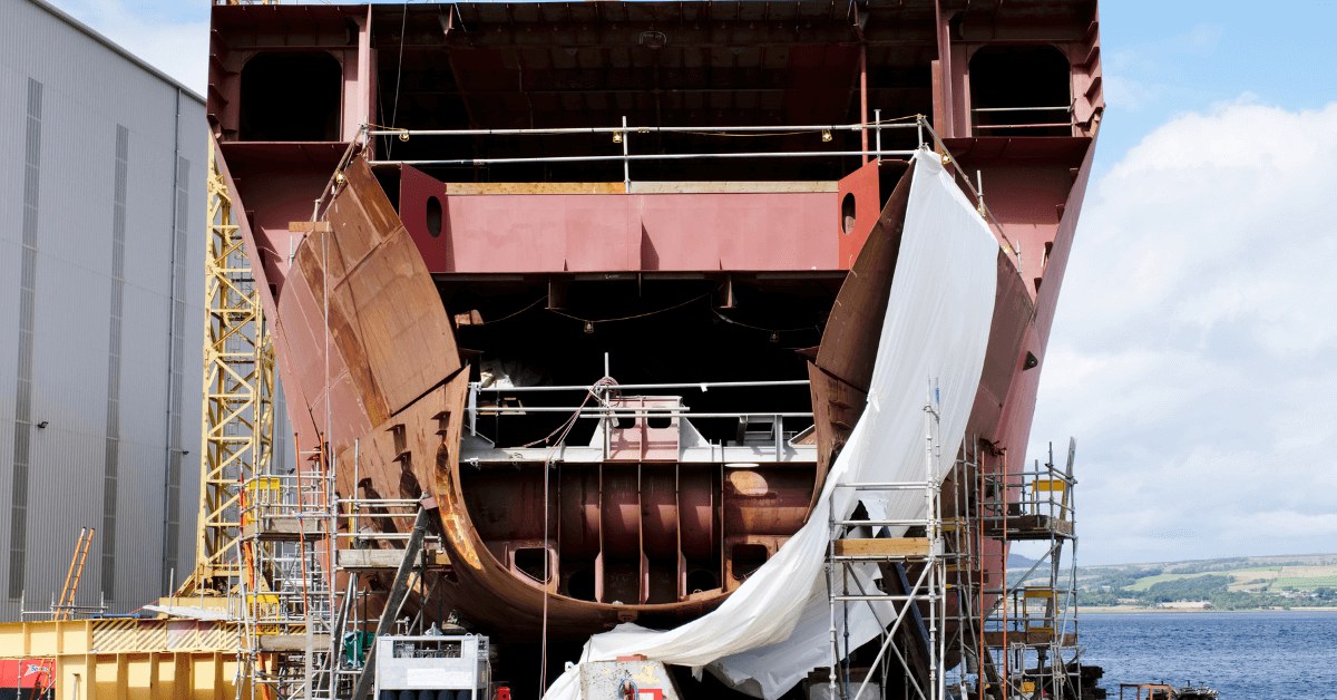 Ship hull section at shipyard
