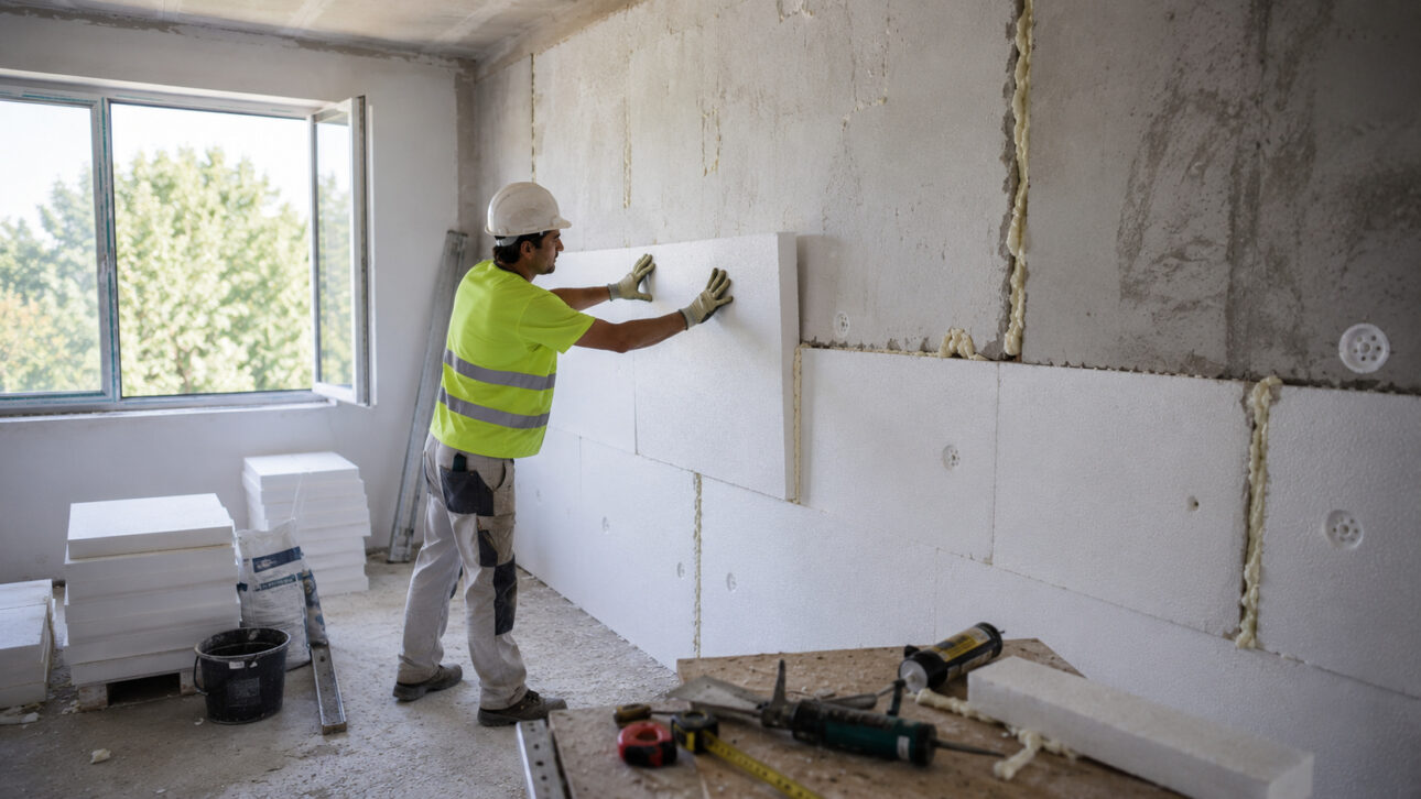 Profissional instala placas de poliestireno expandido (EPS) em parede interna para isolamento térmico e prevenção de mofo causado pela condensação.
