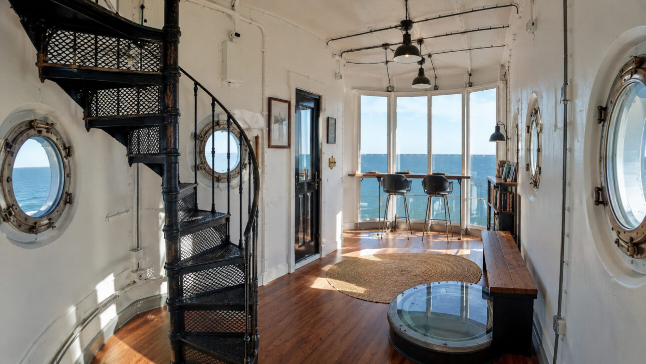 Interior restaurado de farol histórico com vista para o oceano.
