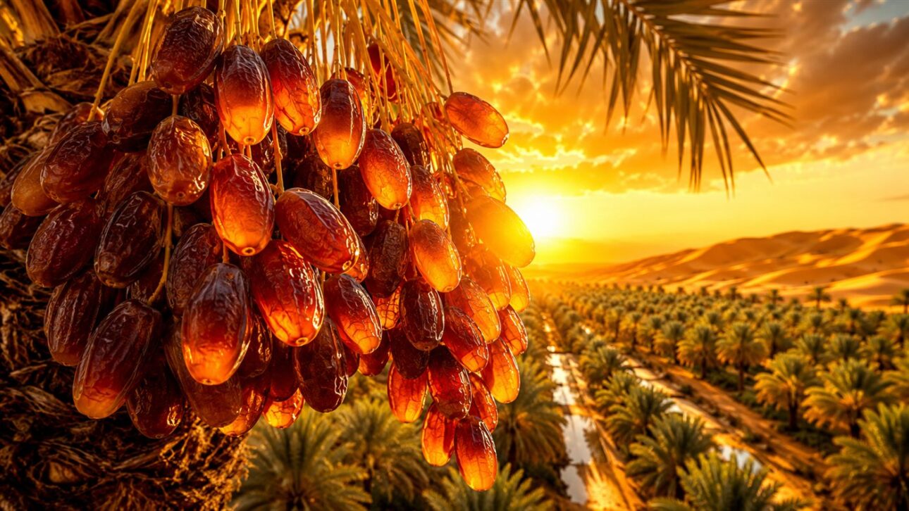 Racimos de dátiles maduros en palmeras irrigadas por goteo en el valle desértico del Arava.