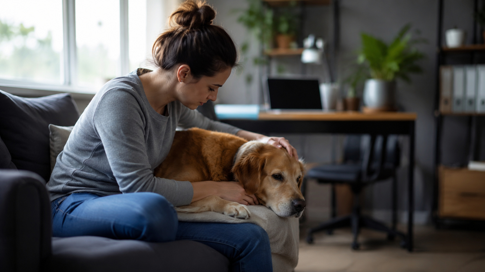 Mulher cuida de cachorro doente em casa durante afastamento do trabalho por emergência veterinária.