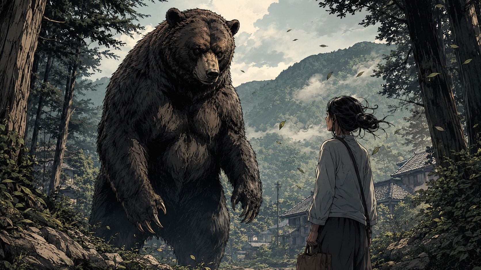 Ilustração em estilo gibi mostra um grande urso diante de uma mulher japonesa próximo a uma vila rural nas montanhas de Tohoku, representando o aumento de encontros com animais selvagens no Japão.