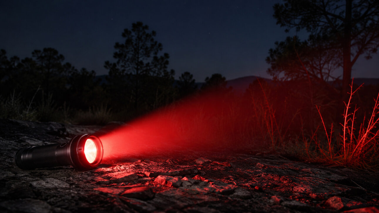 Imagem ilustrativa de lanterna emitindo luz vermelha em ambiente noturno, representando o uso do equipamento por astrônomos, policiais, militares e caçadores