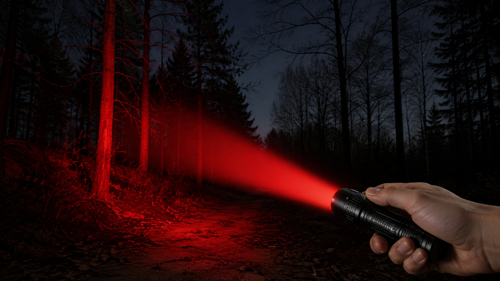 Facho de luz vermelha em ambiente escuro ilustra como as lanternas dessa cor preservam a visão noturna