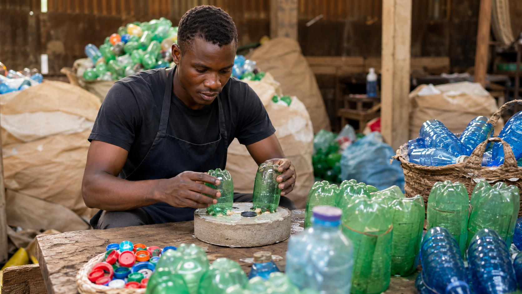 Empreendedor trabalha em uma oficina utilizando garrafas plásticas recicladas para desenvolver uma invenção sustentável, cercado por materiais recicláveis como plástico, tampas e recipientes reutilizados.