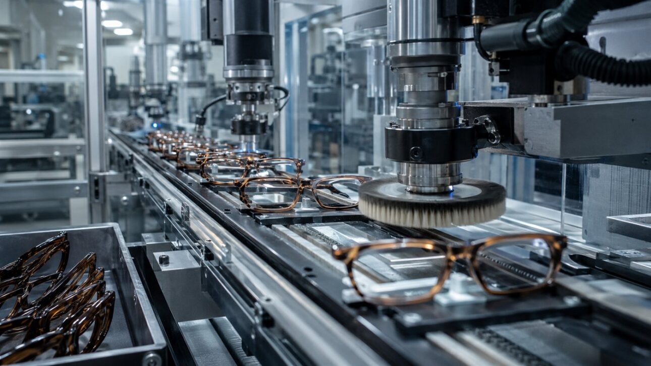 Monturas siendo ensambladas en la línea de producción de una fábrica de gafas