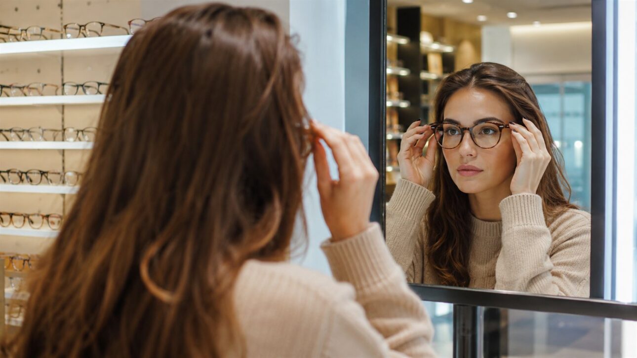 Cliente experimenta gafas frente al espejo en una tienda de óptica