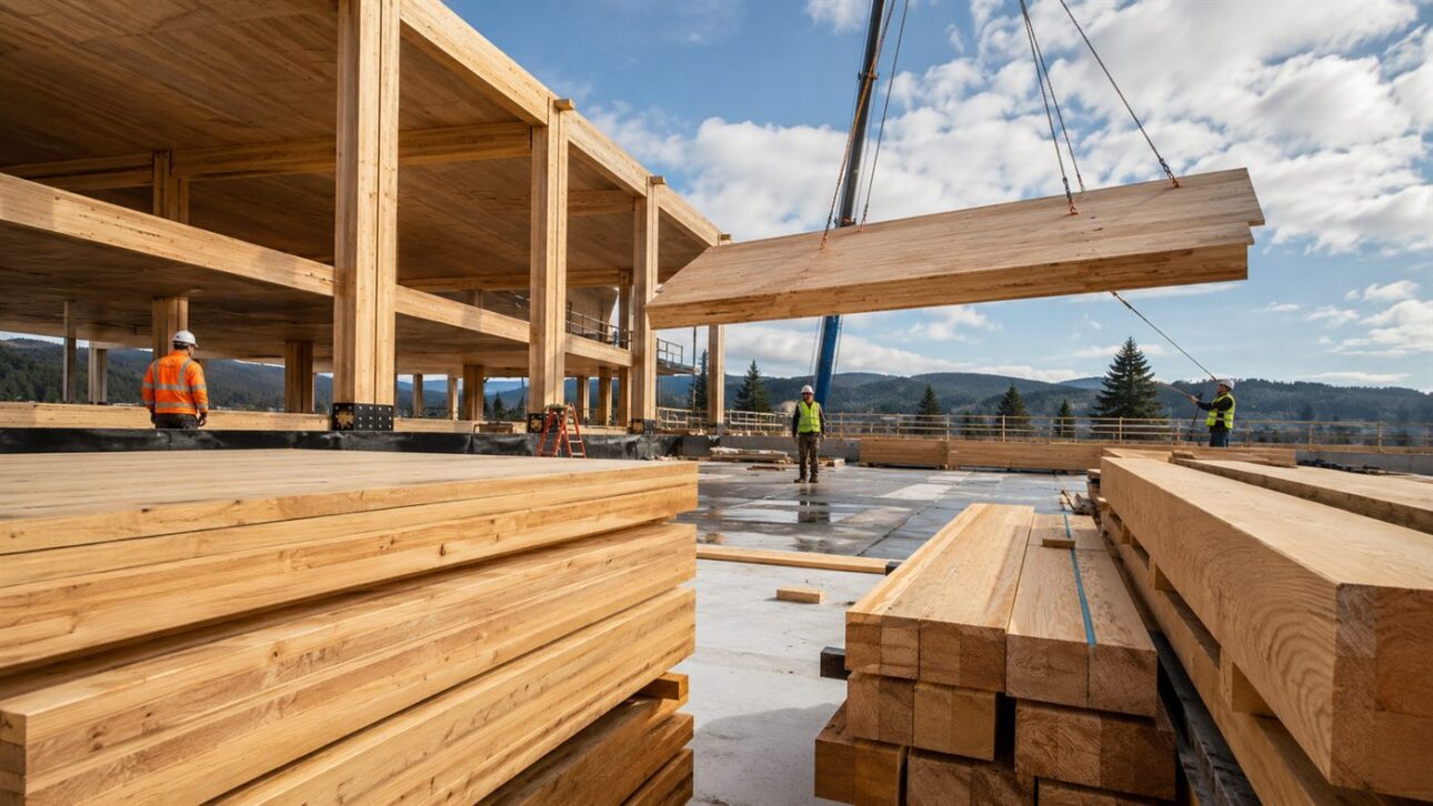 CLT panels and glulam beams arrive ready from the factory for quick assembly on site.