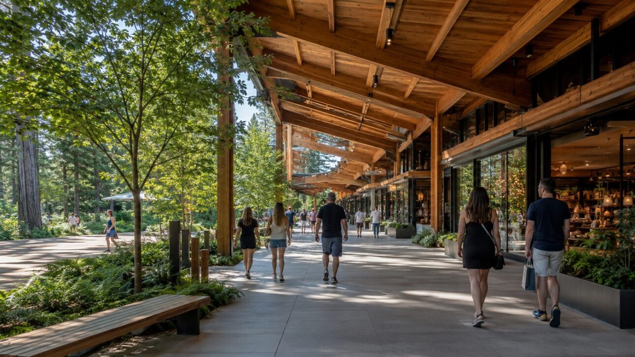 The 46,000 m² development integrates commerce with nature next to a state park.