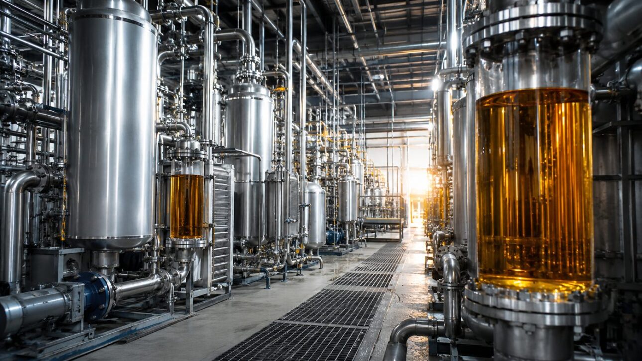 Tanks and vats of a biodiesel plant, where vegetable oil becomes fuel