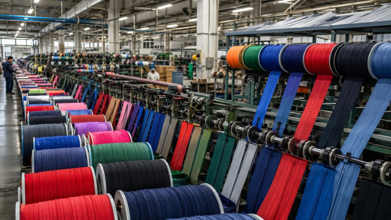 Bobinas coloridas de zíperes em linha de produção industrial