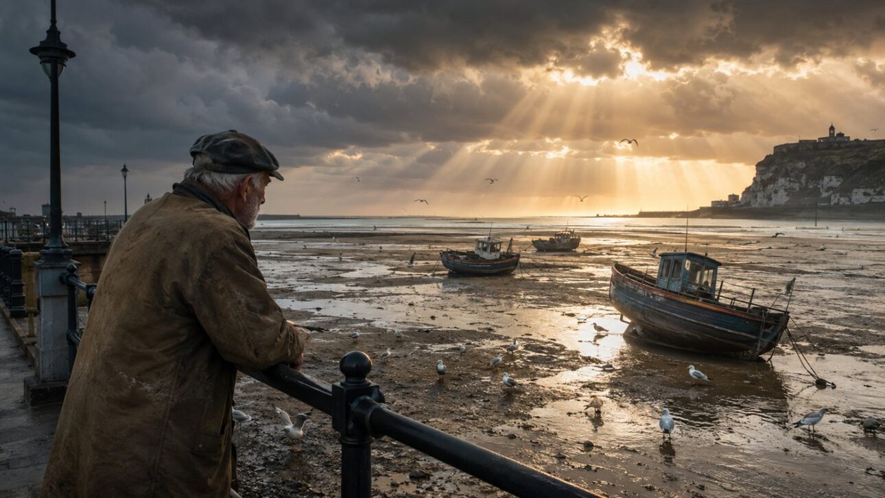 Fisherman observes from the shore the exposed sandbanks that are normally covered by water.