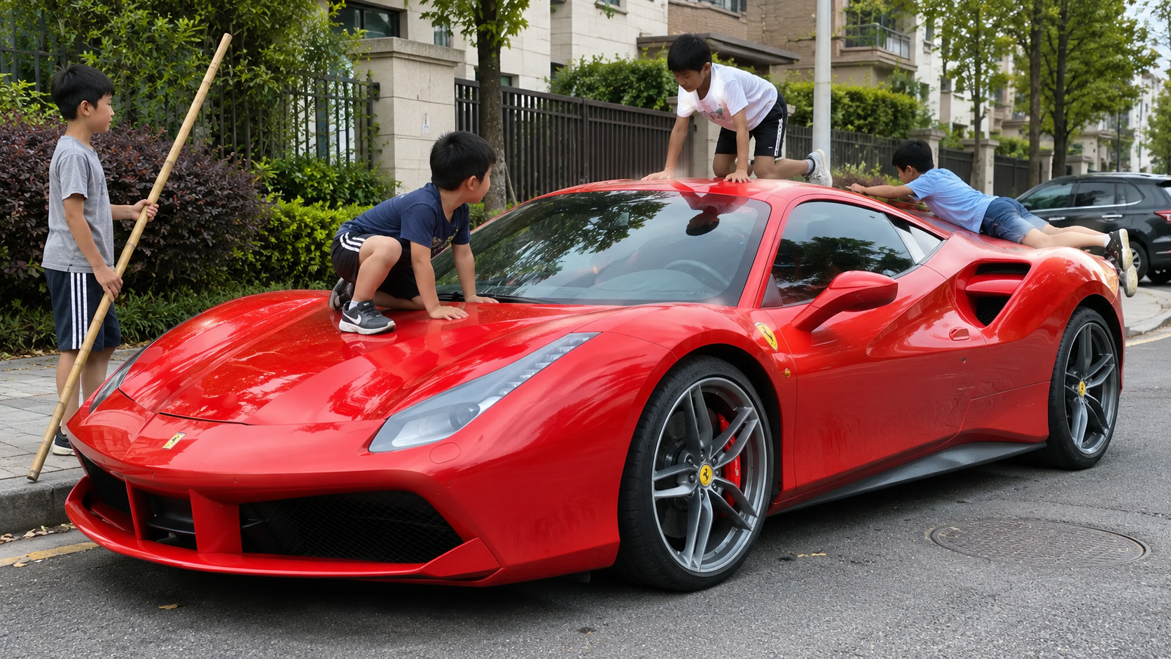 Crianças sobre uma Ferrari 488 GTB estacionada em Kunming, na China, em cena ilustrativa baseada no caso que resultou em ação judicial.
