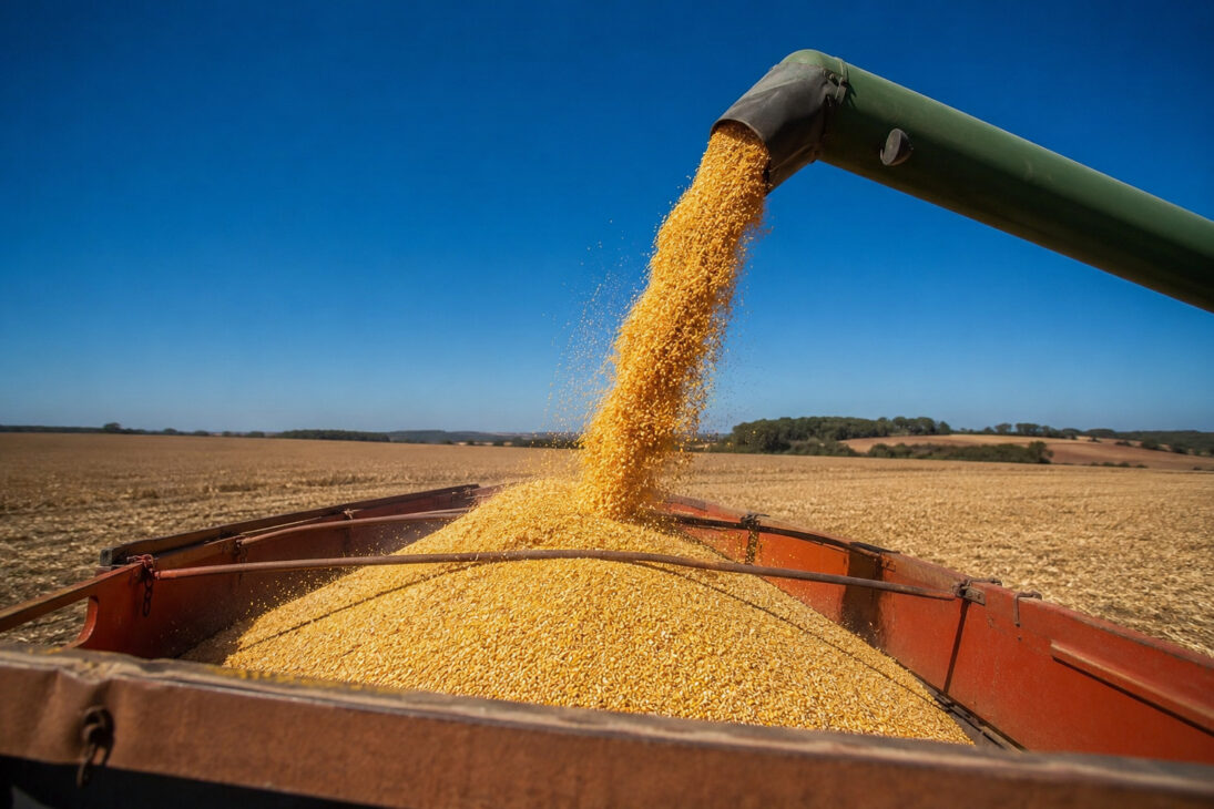 Tubo de descarga de uma colheitadeira despejando grãos de milho em uma carreta vermelha durante a colheita, sob céu azul e em área agrícola aberta, representando a produção e a comercialização do cereal.