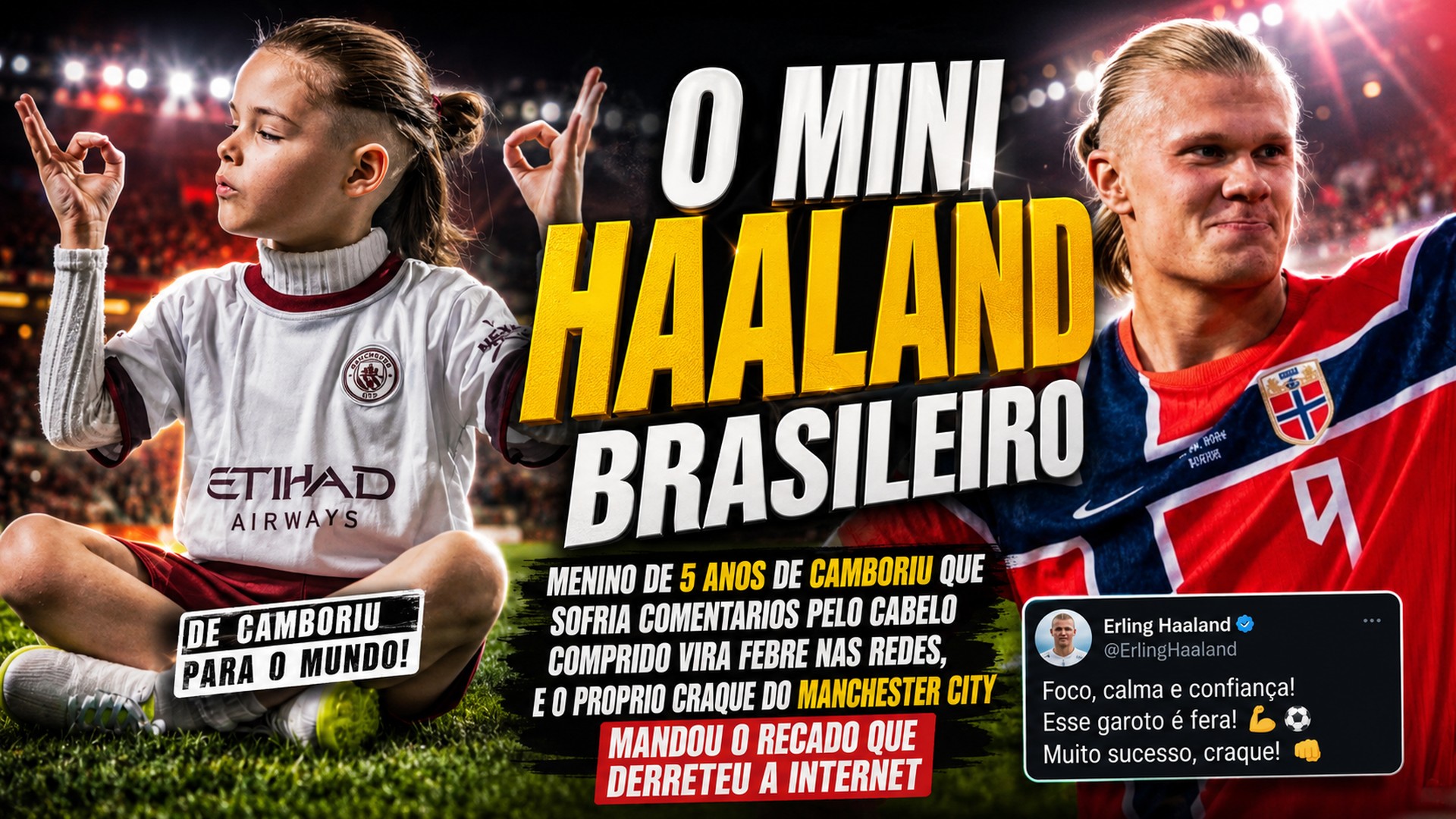 Mini Haaland: menino de 5 anos de Camboriú (SC) virou febre nas redes pelo cabelo comprido igual ao craque e recebeu mensagem do próprio Erling Haaland.