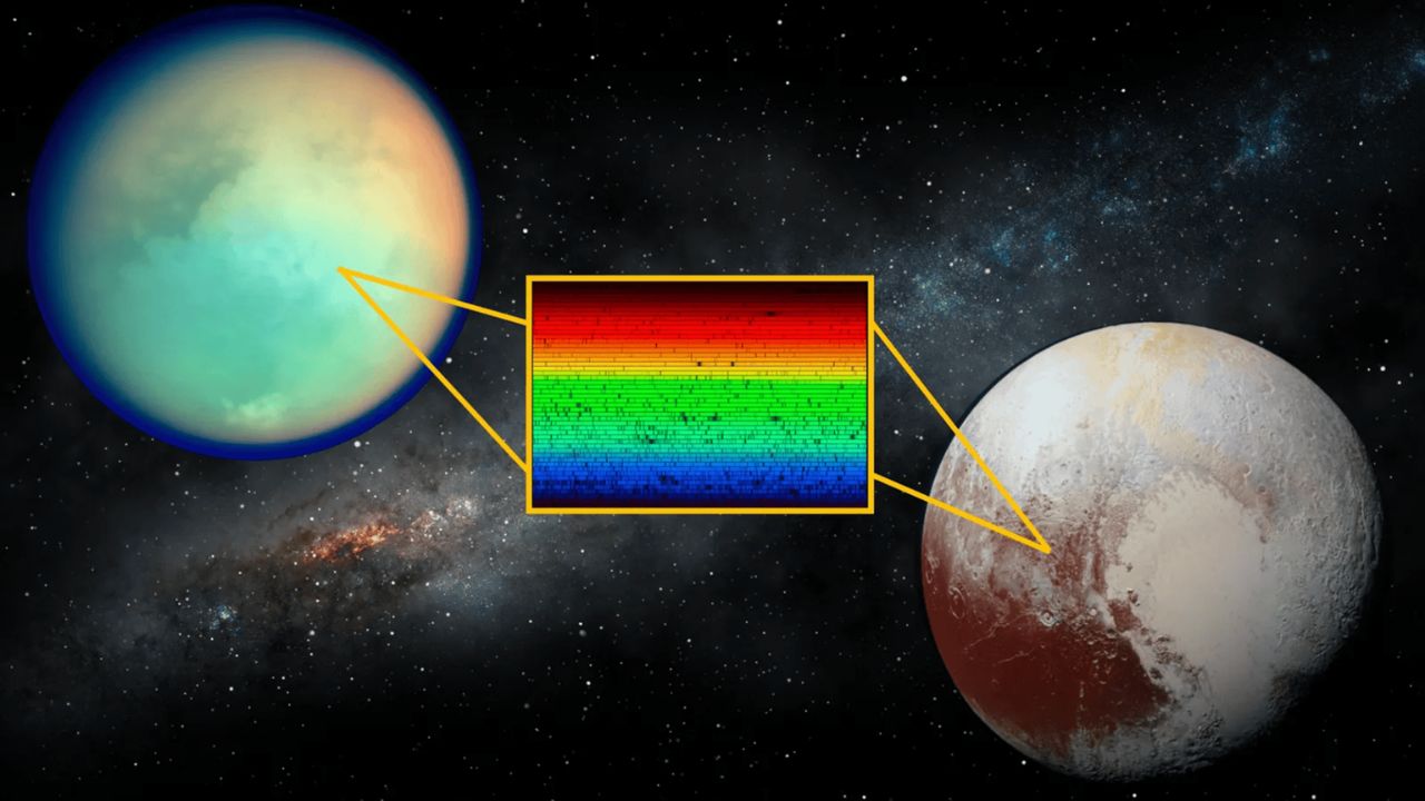 Unknown molecule on Pluto and Titan may explain a light signature at 5.11 micrometers detected by the James Webb Space Telescope.