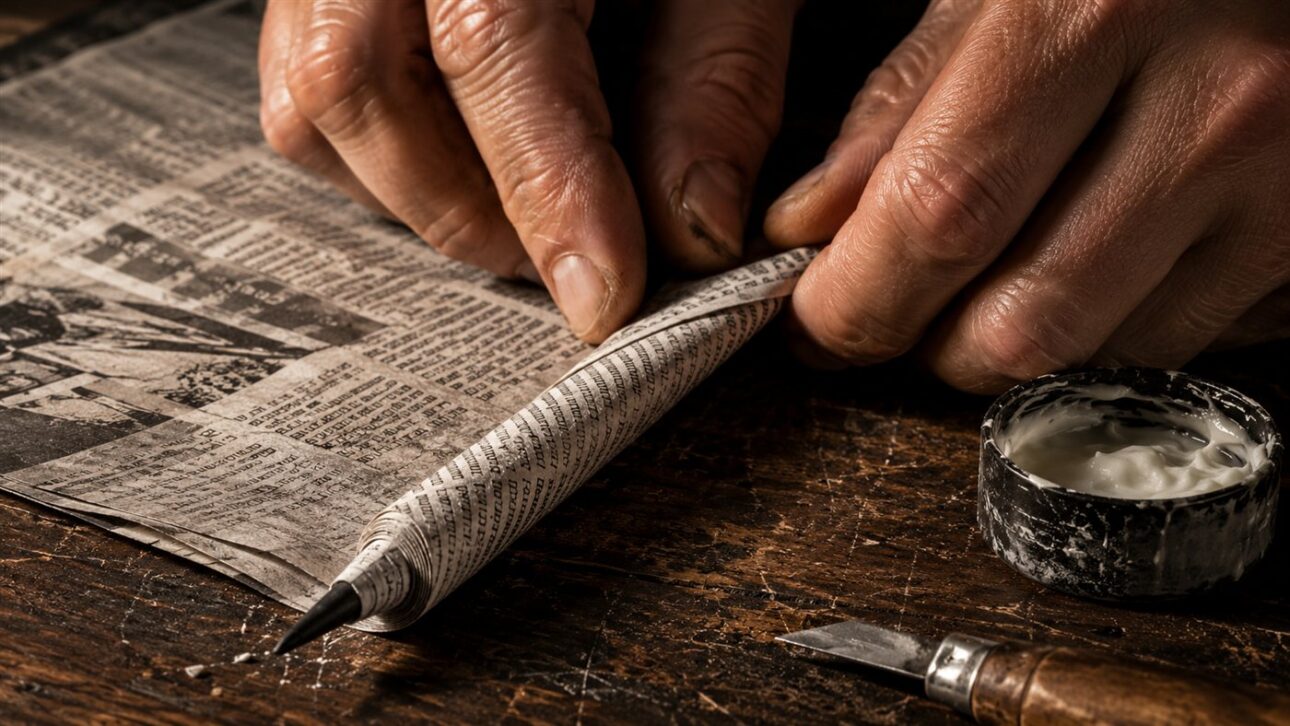 Folhas de jornal cortadas são enroladas em volta do núcleo de grafite na bancada da fábrica.