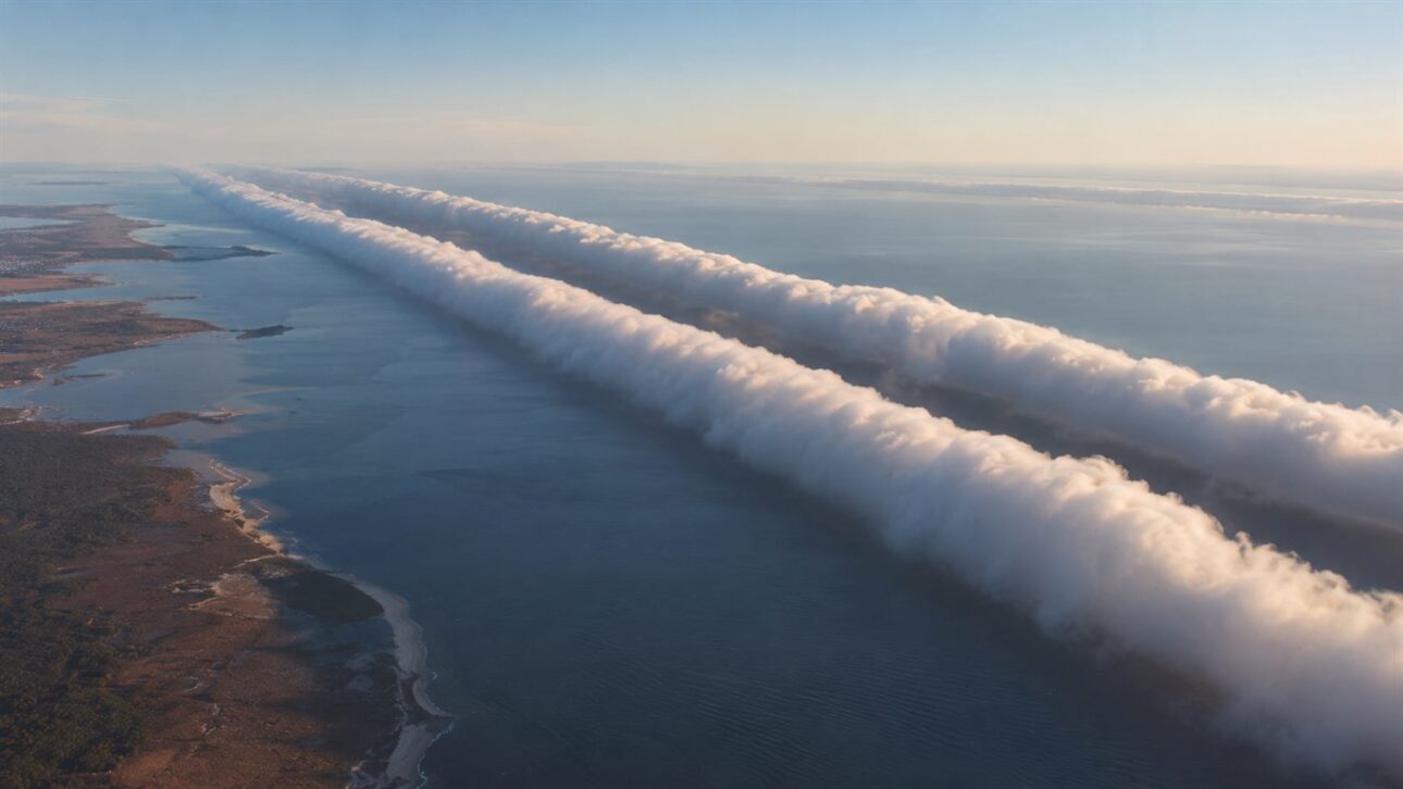 The cloud cylinder can extend for hundreds of kilometers over the Gulf of Carpentaria.
