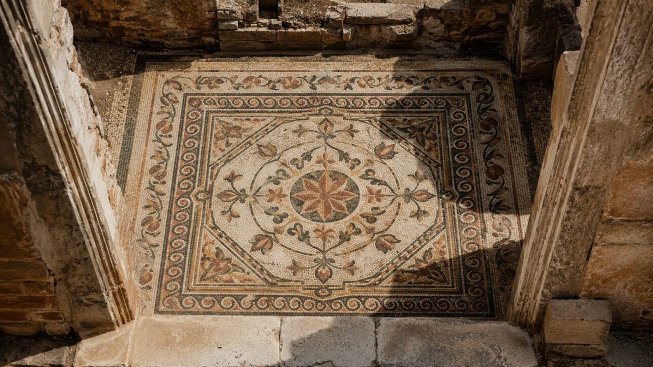 O piso de pequenas pastilhas coloridas combina padrões geométricos e motivos florais.
