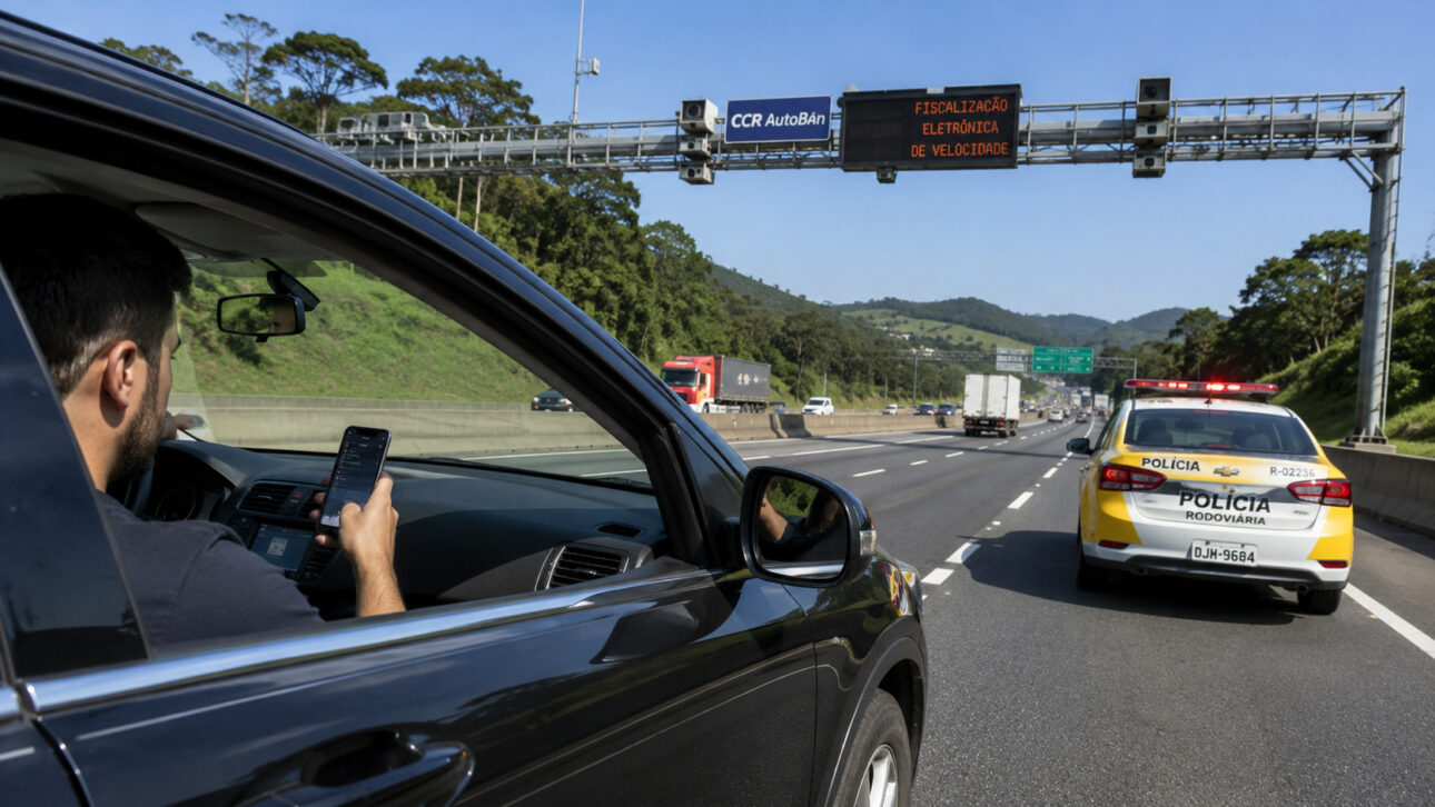 Motorista utilizando celular ao volante é identificado por câmera inteligente em rodovia paulista.