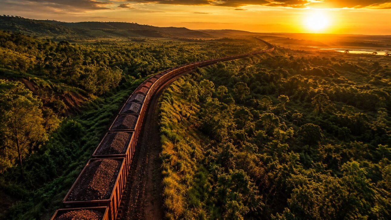 Composição ferroviária de carga com dezenas de vagões de minério cruza a paisagem, do tipo que engenheiras e maquinistas conduzem na rotina da mineração.