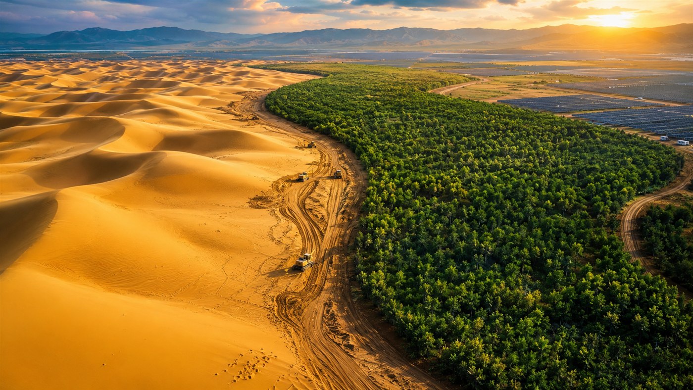 China planta uma muralha verde de mais de 500 mil km² e faz o deserto de Gobi recuar 2 mil km² por ano, transformando areia em floresta e usina solar; veja