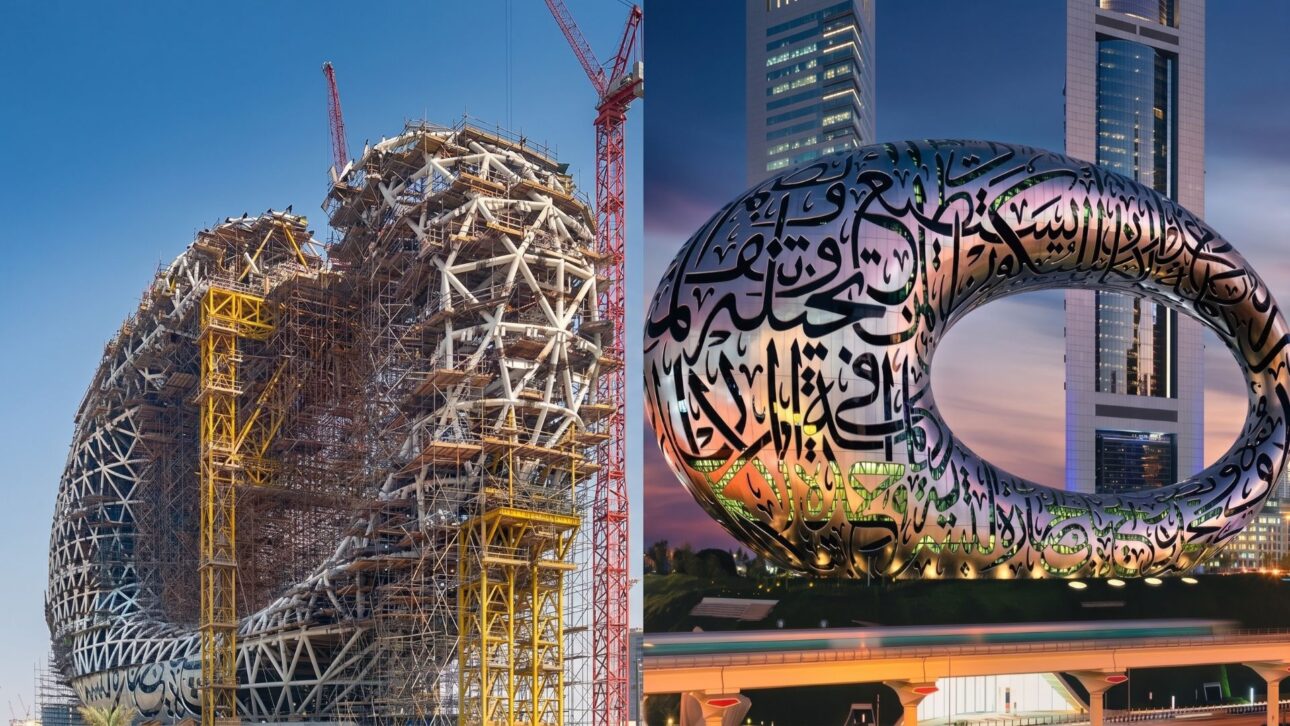 Museu do Futuro, em Dubai, tem 77 metros, fachada de aço com 1.024 painéis, caligrafia árabe iluminada e estrutura em forma de anel.
