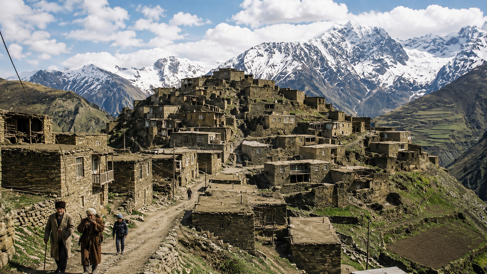 Aldeia de Khinalig, no norte do Azerbaijão, com casas de pedra construídas em encostas íngremes das montanhas do Grande Cáucaso e picos nevados ao fundo.