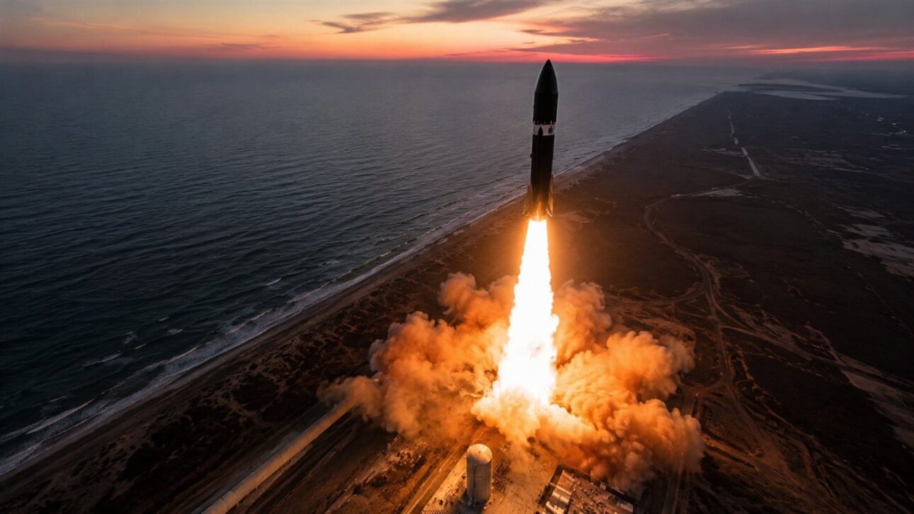 Rocket launches from the coastal platform carrying the satellite that would be intercepted in orbit.