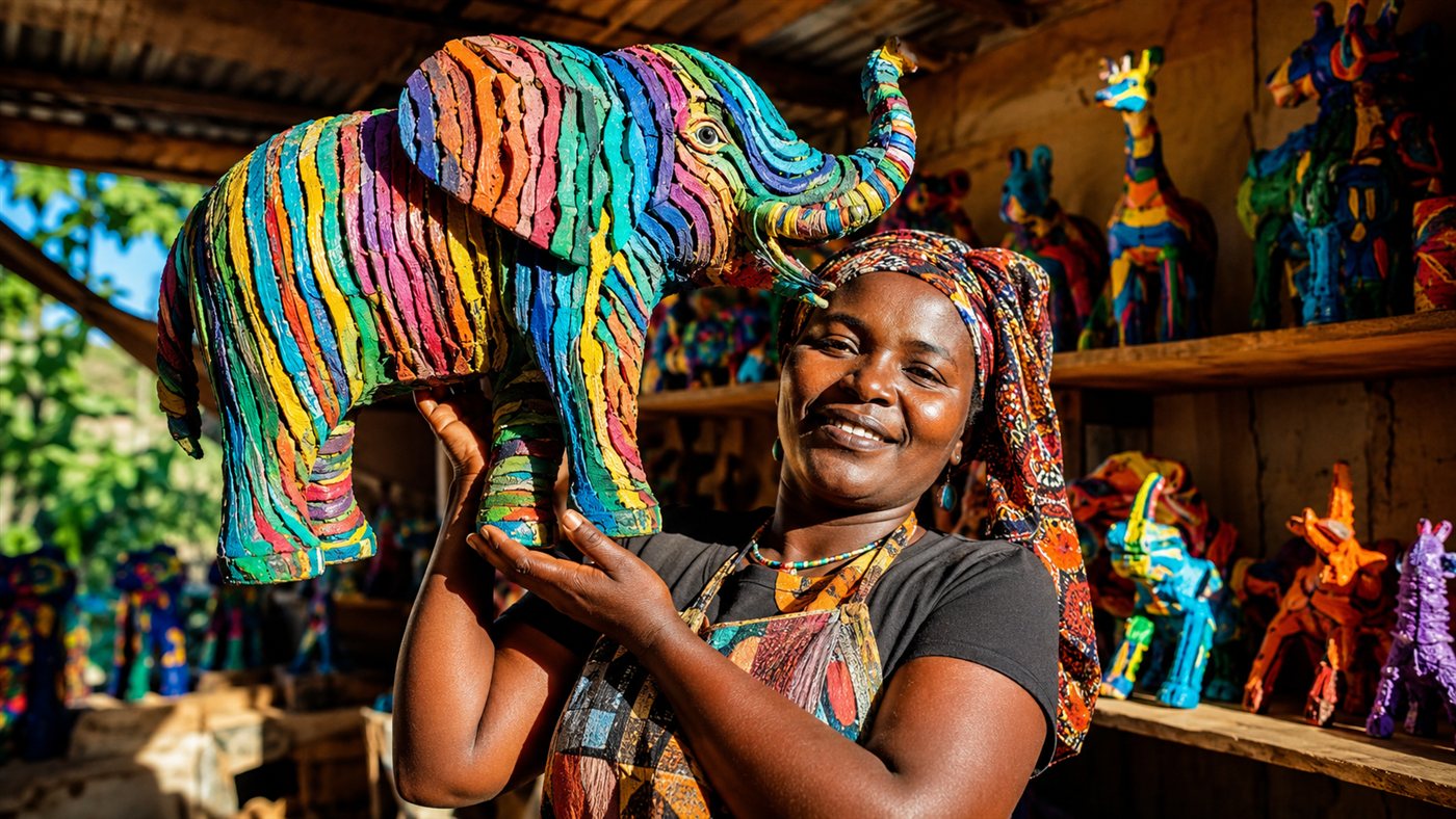 Esculturas de chinelos: empresa do Quênia já recolheu 10 milhões de pares das praias e vende elefantes e girafas recicladas por até US$ 1.200