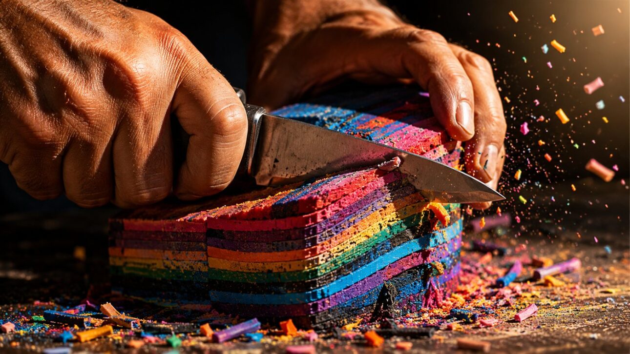 Artisan carves a colorful block of layers of glued flip-flops, shaping it into an animal.