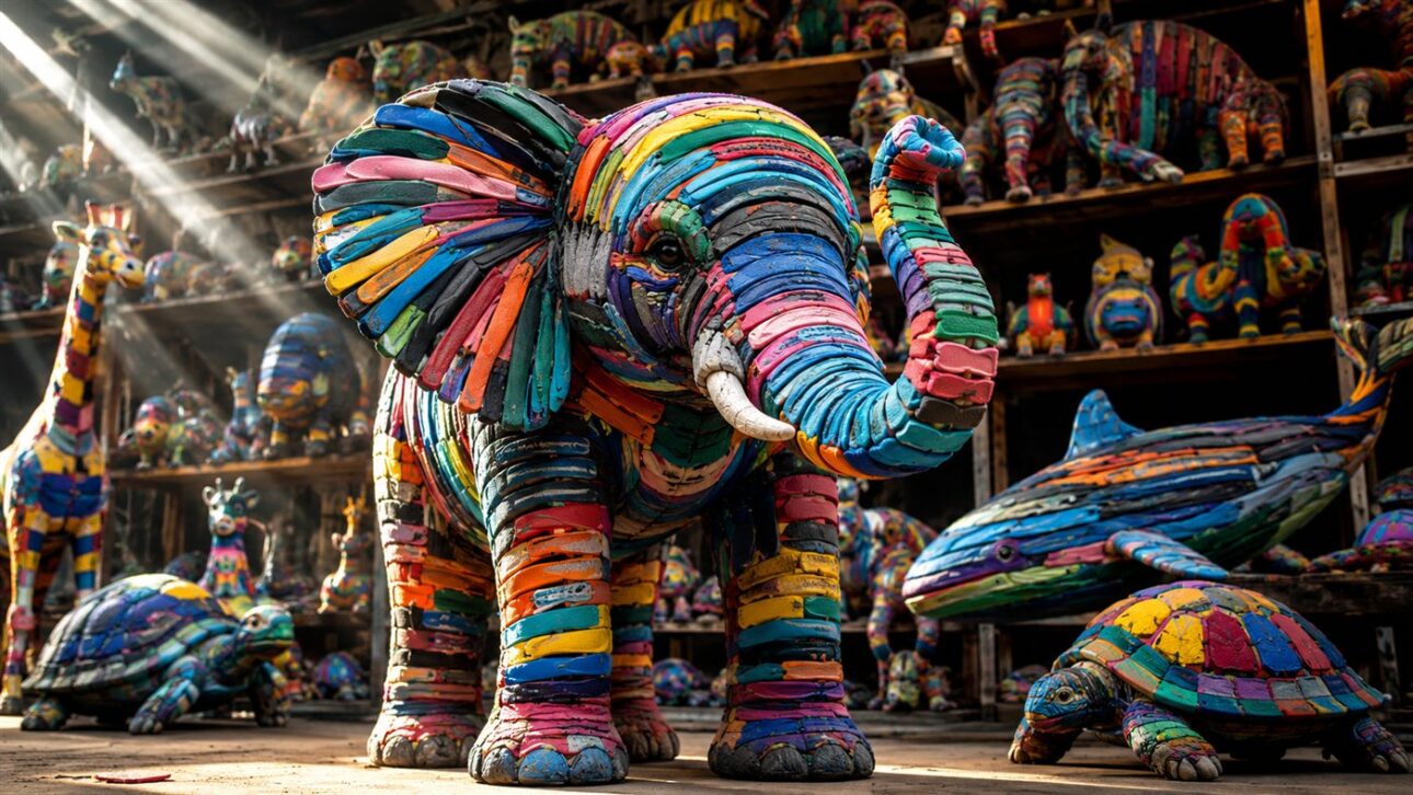 Colorful sculptures of an elephant and giraffe made from stacked flip-flops fill the workshop shelf.