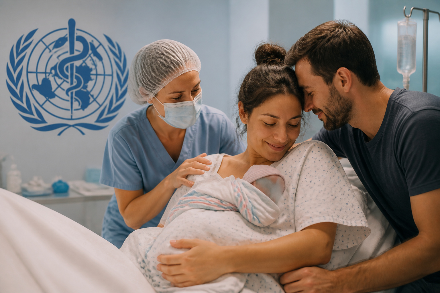 Imagem editorial sobre OMS alerta que o parto normal virou alvo de intervenções desnecessárias em muitos países, mesmo quando mãe e bebê estão bem, e defende cu