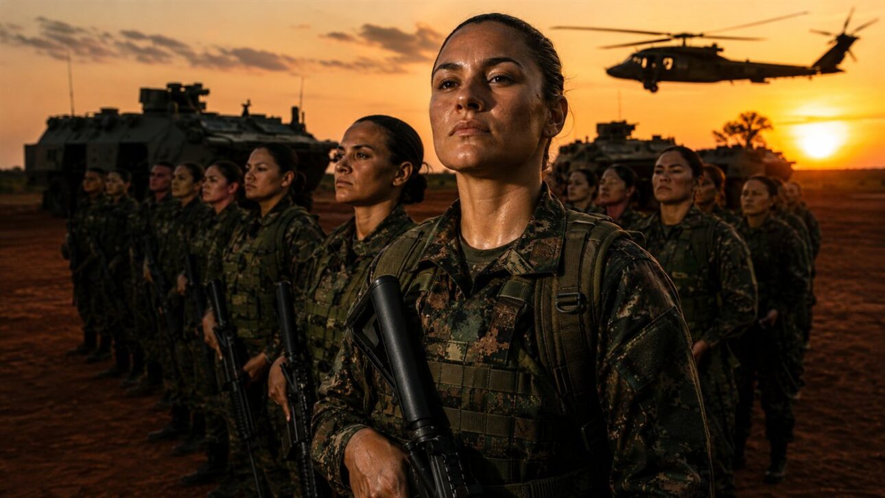 Militares em formação durante treinamento em campo aberto, com viaturas blindadas ao fundo no fim de tarde.