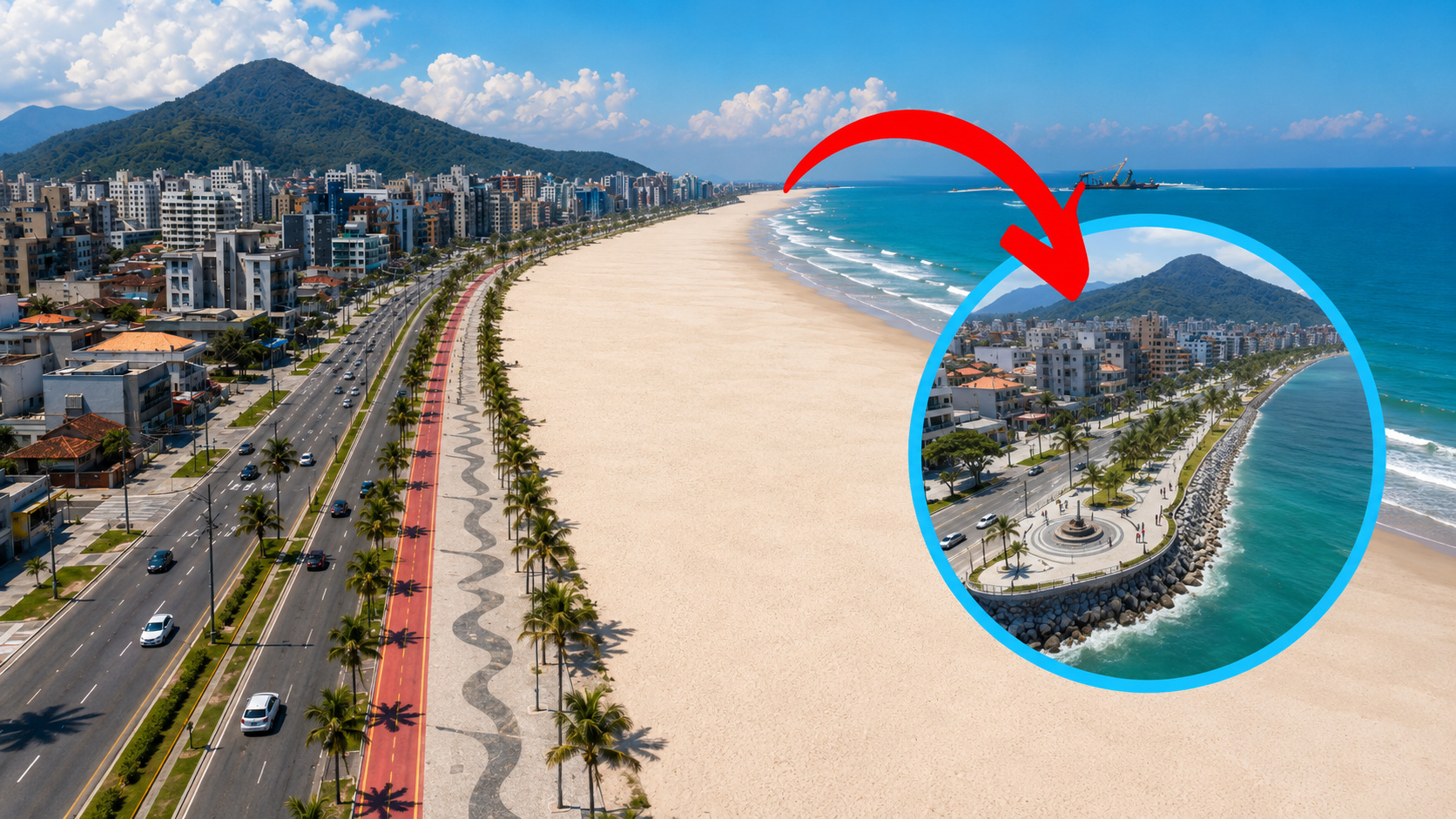 Cidade do Paraná puxou 3 milhões de m³ de areia do fundo do mar, alargou a praia em até 100 metros por 6,3 km e redesenhou a nova orla de Matinhos com ciclovia, pistas e drenagem contra alagamentos