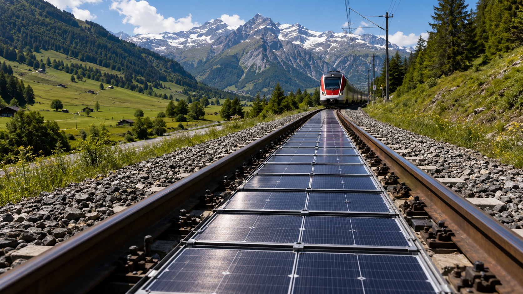 Suíça transforma trilhos de trem em usinas solares com painéis removíveis instalados entre os trilhos