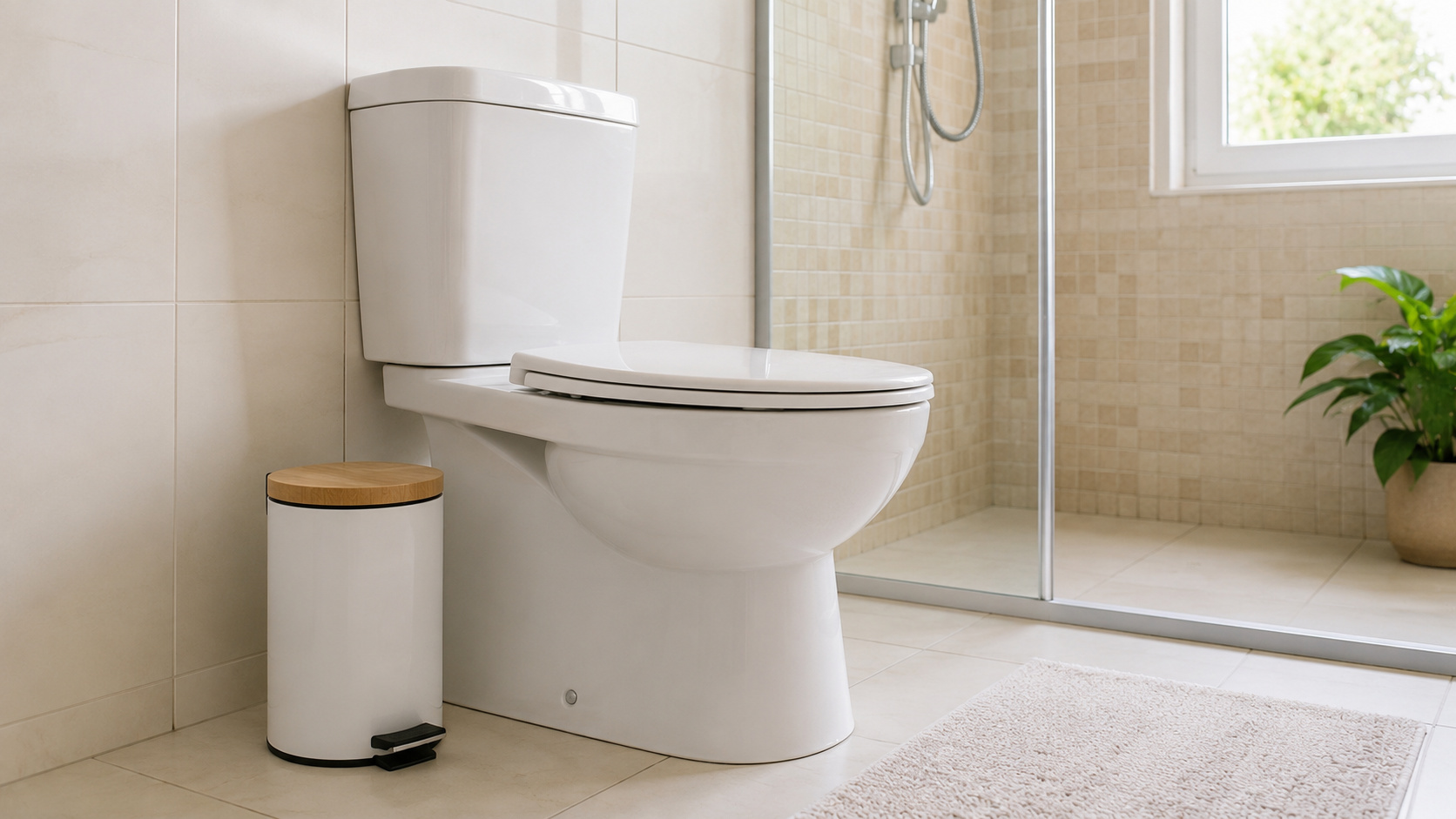 Banheiro moderno e limpo com vaso sanitário branco e lixeira com tampa ao lado