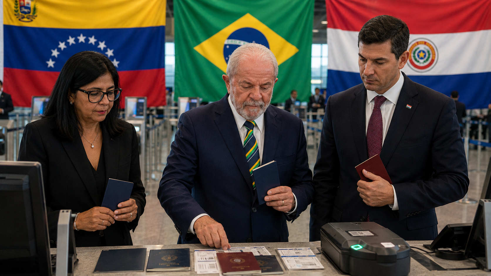 Agente de imigração verifica passaportes durante controle migratório em aeroporto internacional, com referência a Brasil, Venezuela e Paraguai.