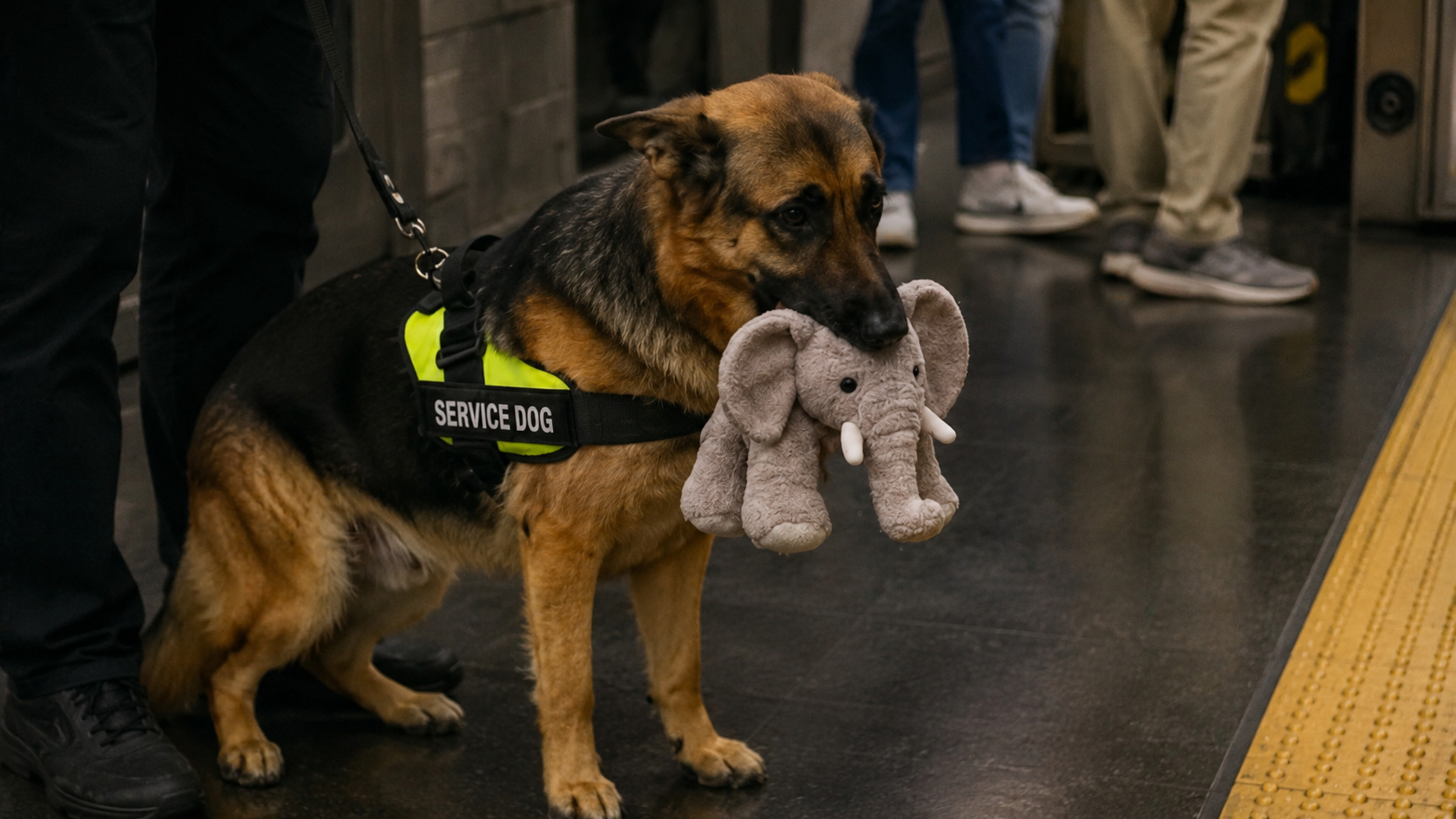 Pastor Alemão com colete de cão de serviço segura elefante de pelúcia em estação de trem.