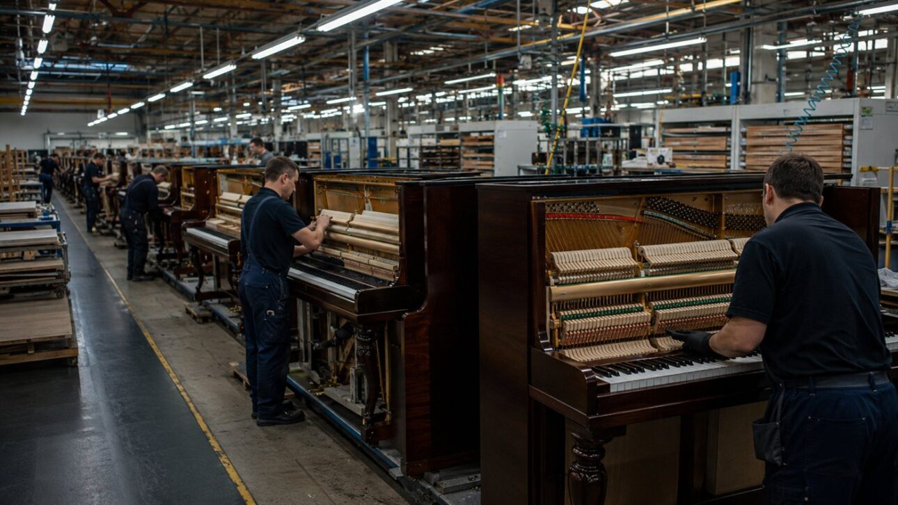 Interior de um piano com cordas, martelos e estrutura de ferro fundido sob tensão.