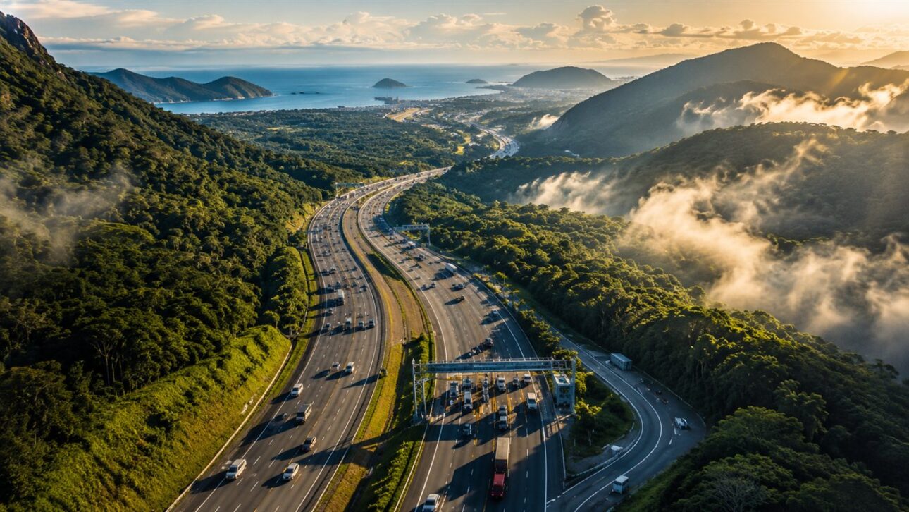 Rodovia desce a serra verde em direção ao litoral, no trecho mais caro de manter do sistema.