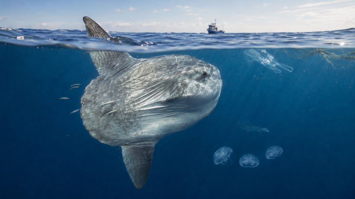 Peixe-lua próximo à superfície, cercado por peixes limpadores e águas-vivas, com embarcação e resíduos plásticos ao fundo.