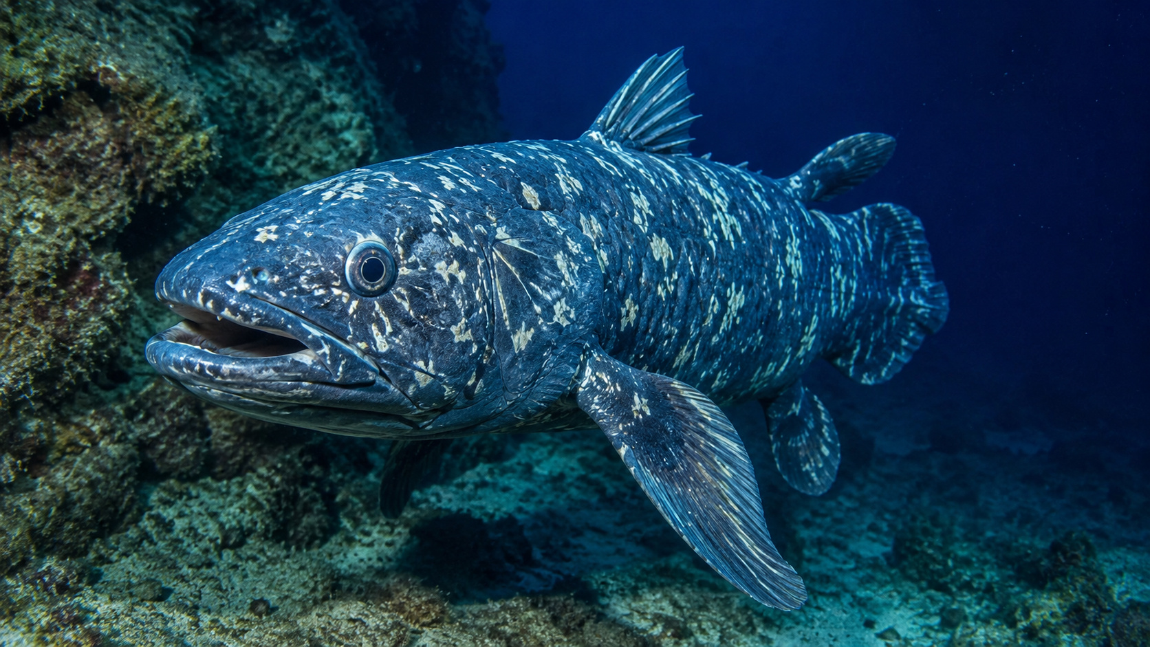 Celacanto nadando em águas profundas próximo a formações rochosas no oceano, ilustrando o peixe conhecido como fóssil vivo que reapareceu em 1938 após ser considerado extinto por milhões de anos.