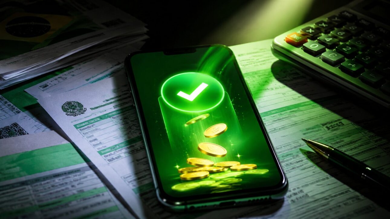 Cell phone displays the bank app screen with notification of received Pix about tax documents.