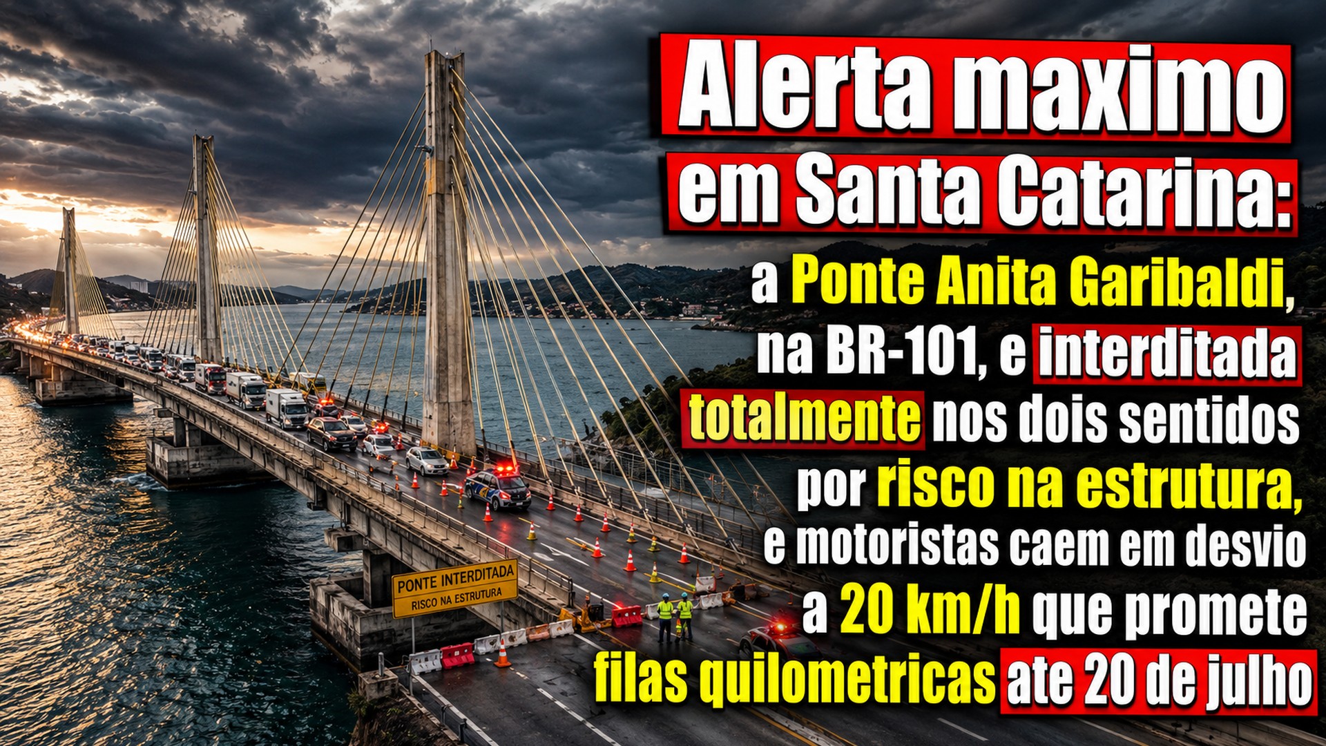A principal rodovia de Santa Catarina parou: vistoria acha risco estrutural, a gigante Ponte Anita Garibaldi fecha os dois sentidos da BR-101 sem diagnóstico definitivo, e engenheiros correm de São Paulo enquanto todo mundo desvia a 20 km/h